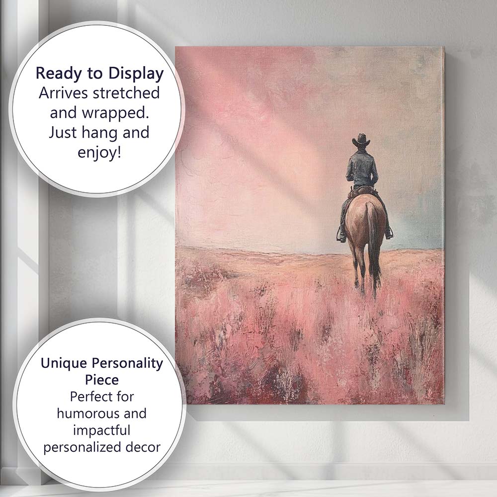 Lone Cowboy Riding Through Pink Prairie Landscape Canvas Wall Art Print Decor Picture Ready to Hang