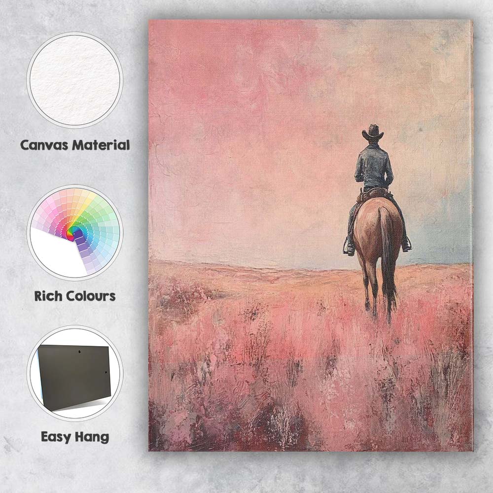 Lone Cowboy Riding Through Pink Prairie Landscape Canvas Wall Art Print Decor Picture Ready to Hang