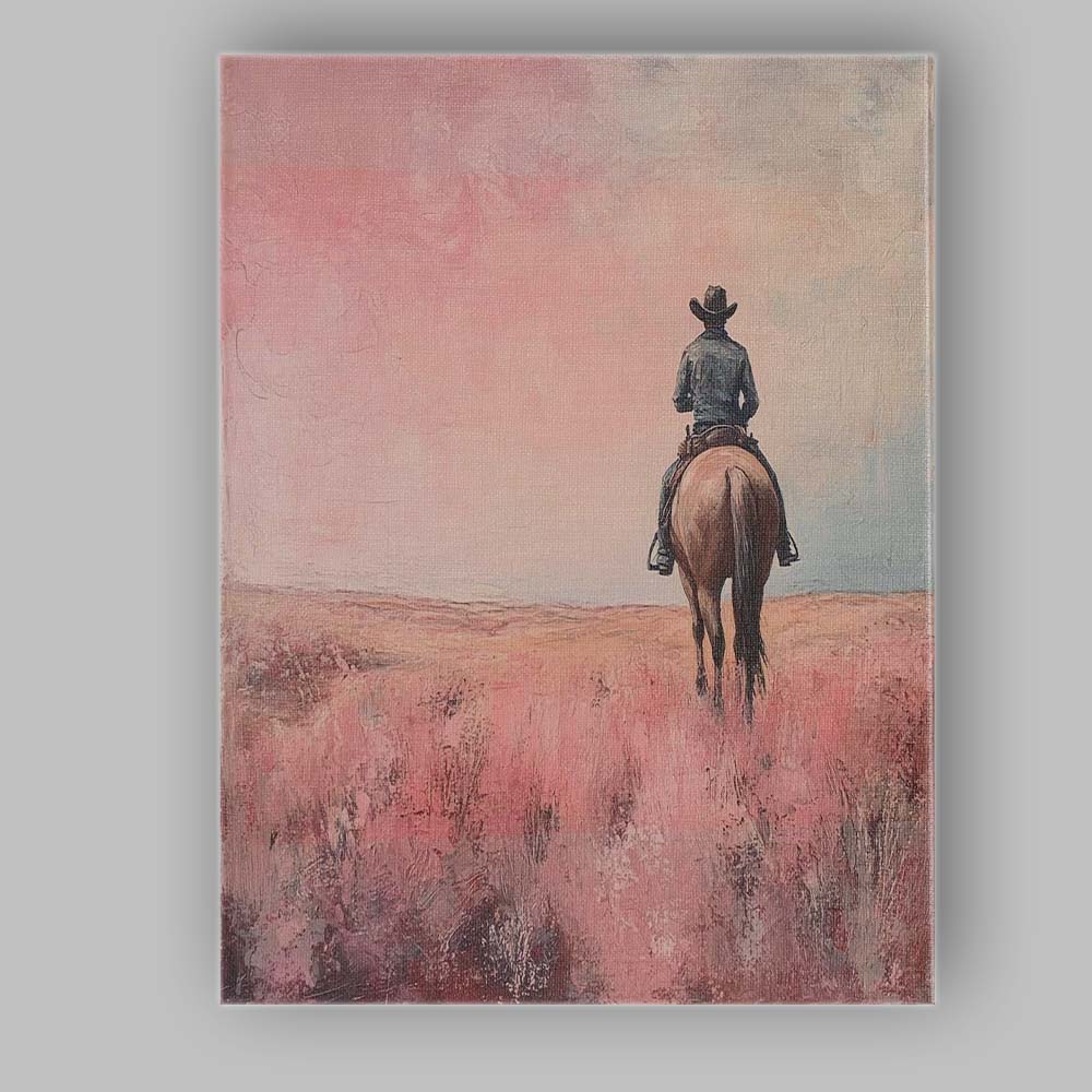 Lone Cowboy Riding Through Pink Prairie Landscape Canvas Wall Art Print Decor Picture Ready to Hang