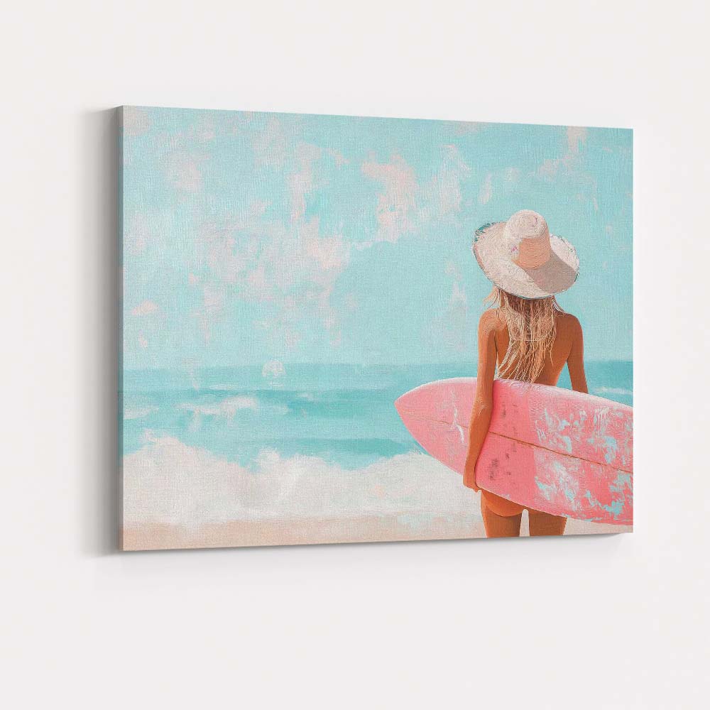 Pastel Beach Surfer Girl With Pink Surfboard Coastal Painting Canvas Wall Art Print Decor Picture Ready to Hang