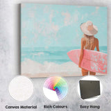 Pastel Beach Surfer Girl With Pink Surfboard Coastal Painting Canvas Wall Art Print Decor Picture Ready to Hang