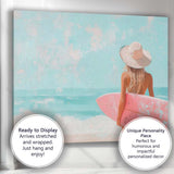 Pastel Beach Surfer Girl With Pink Surfboard Coastal Painting Canvas Wall Art Print Decor Picture Ready to Hang