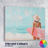 Pastel Beach Surfer Girl With Pink Surfboard Coastal Painting Canvas Wall Art Print Decor Picture Ready to Hang