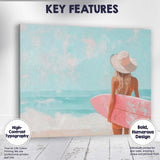 Pastel Beach Surfer Girl With Pink Surfboard Coastal Painting Canvas Wall Art Print Decor Picture Ready to Hang