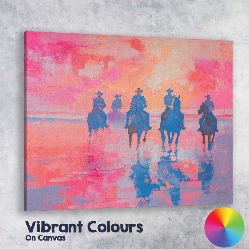 Cowboys Horseback Riding Pink Sunset Seascape Painting Canvas Wall Art Print Decor Picture Ready to Hang
