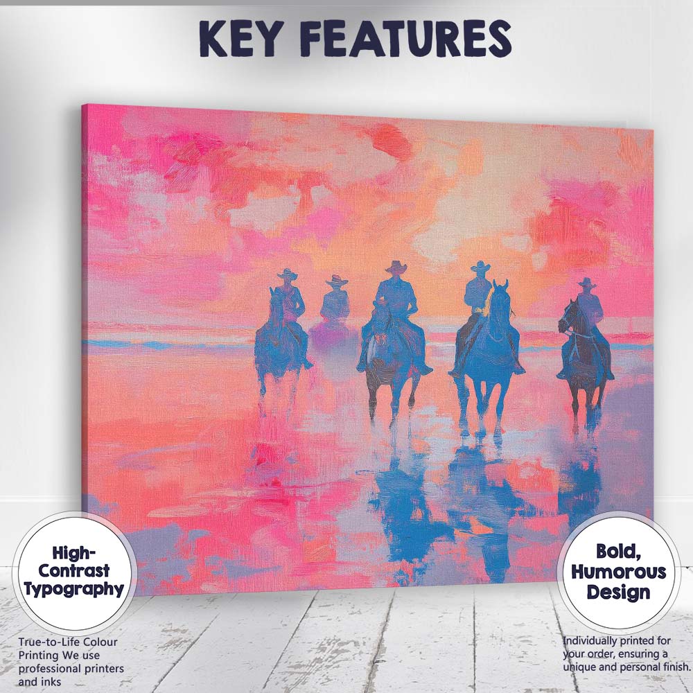 Cowboys Horseback Riding Pink Sunset Seascape Painting Canvas Wall Art Print Decor Picture Ready to Hang
