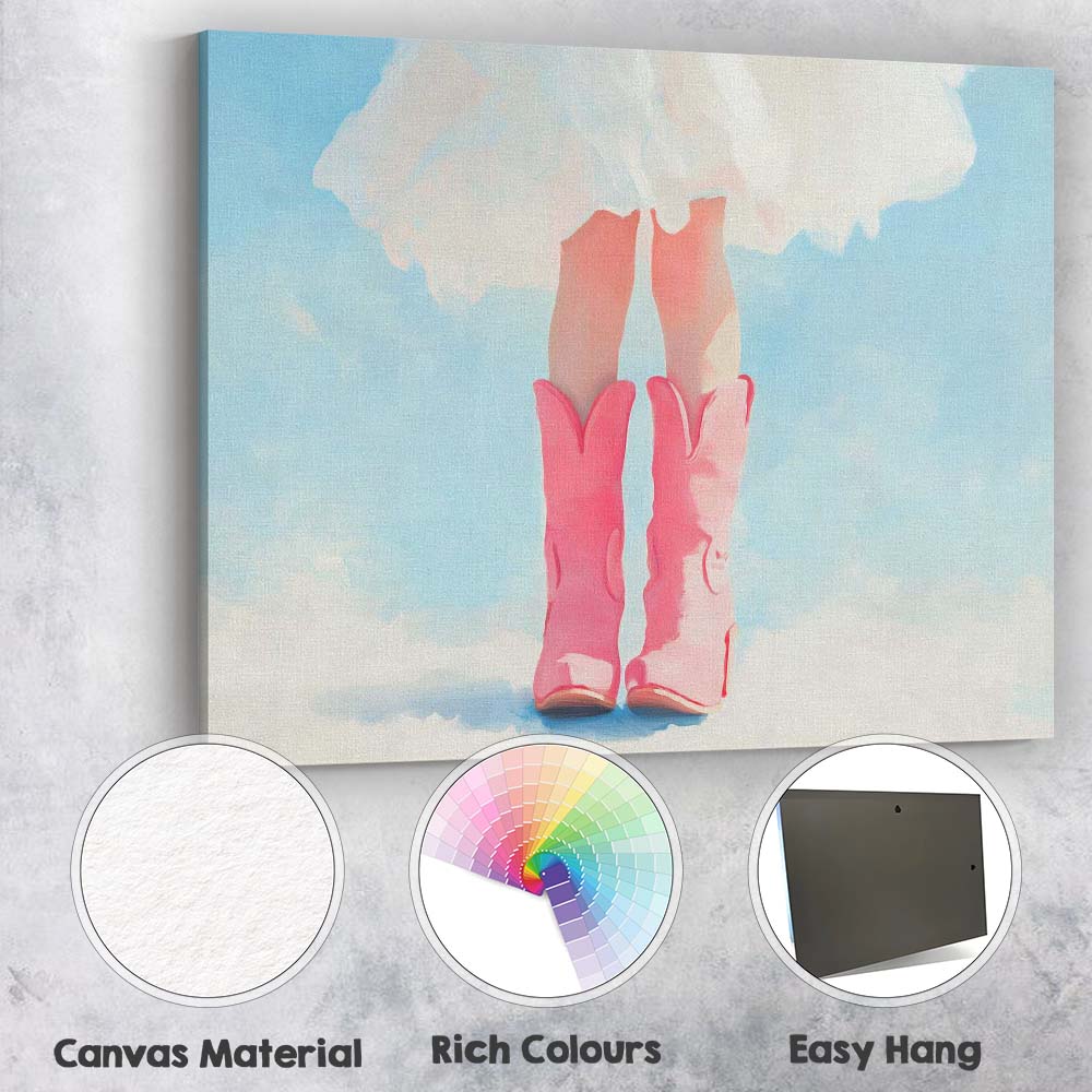 Pink Cowboy Boots White Dress Fashion Painting Canvas Wall Art Print Decor Picture Ready to Hang