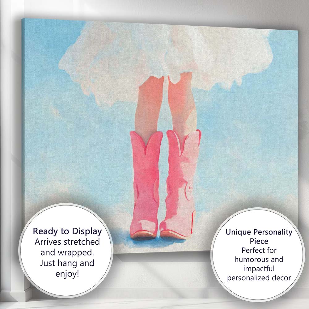 Pink Cowboy Boots White Dress Fashion Painting Canvas Wall Art Print Decor Picture Ready to Hang