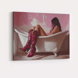 Woman Relaxing In Bathtub With Burgundy Cowboy Boots Canvas Wall Art Print Decor Picture Ready to Hang