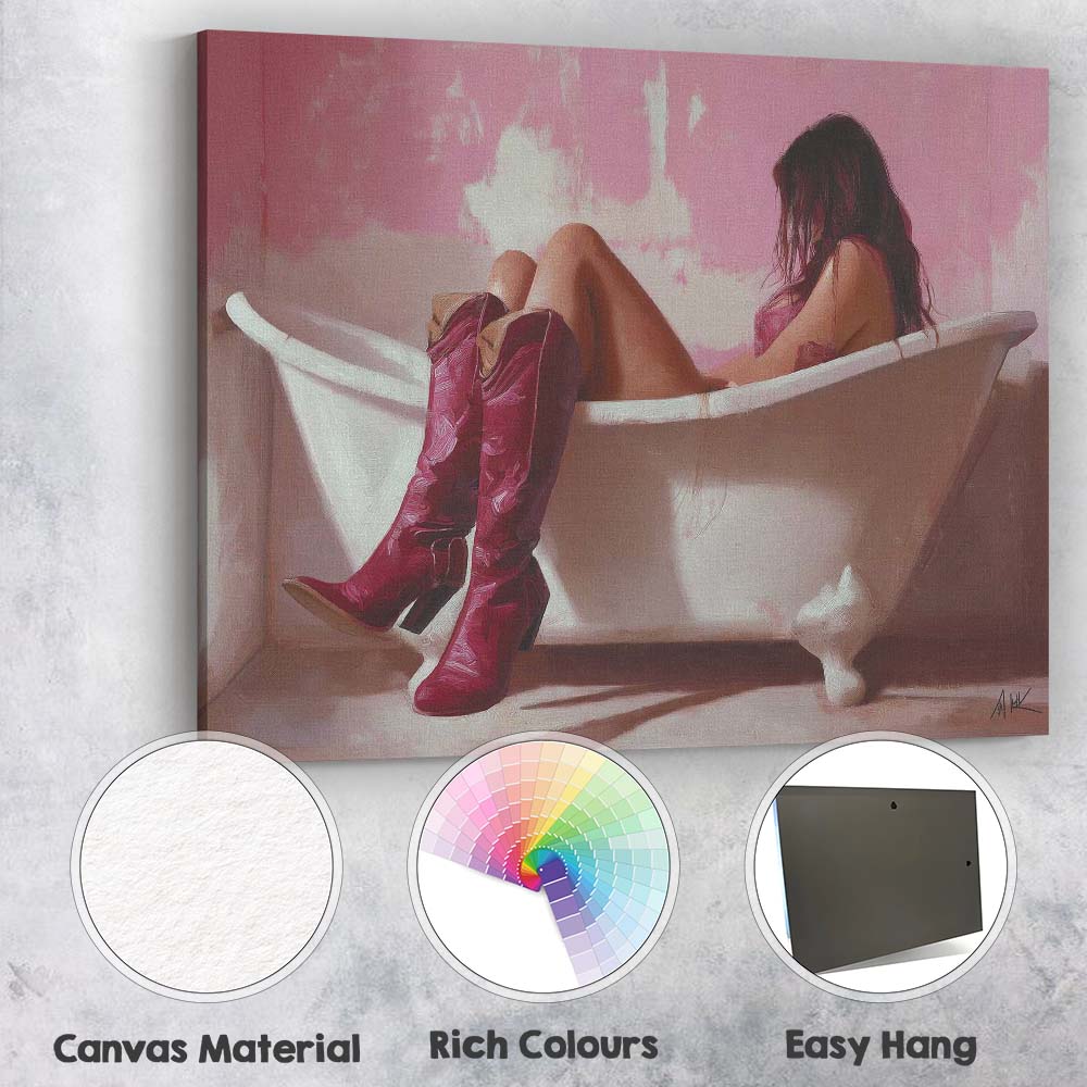 Woman Relaxing In Bathtub With Burgundy Cowboy Boots Canvas Wall Art Print Decor Picture Ready to Hang