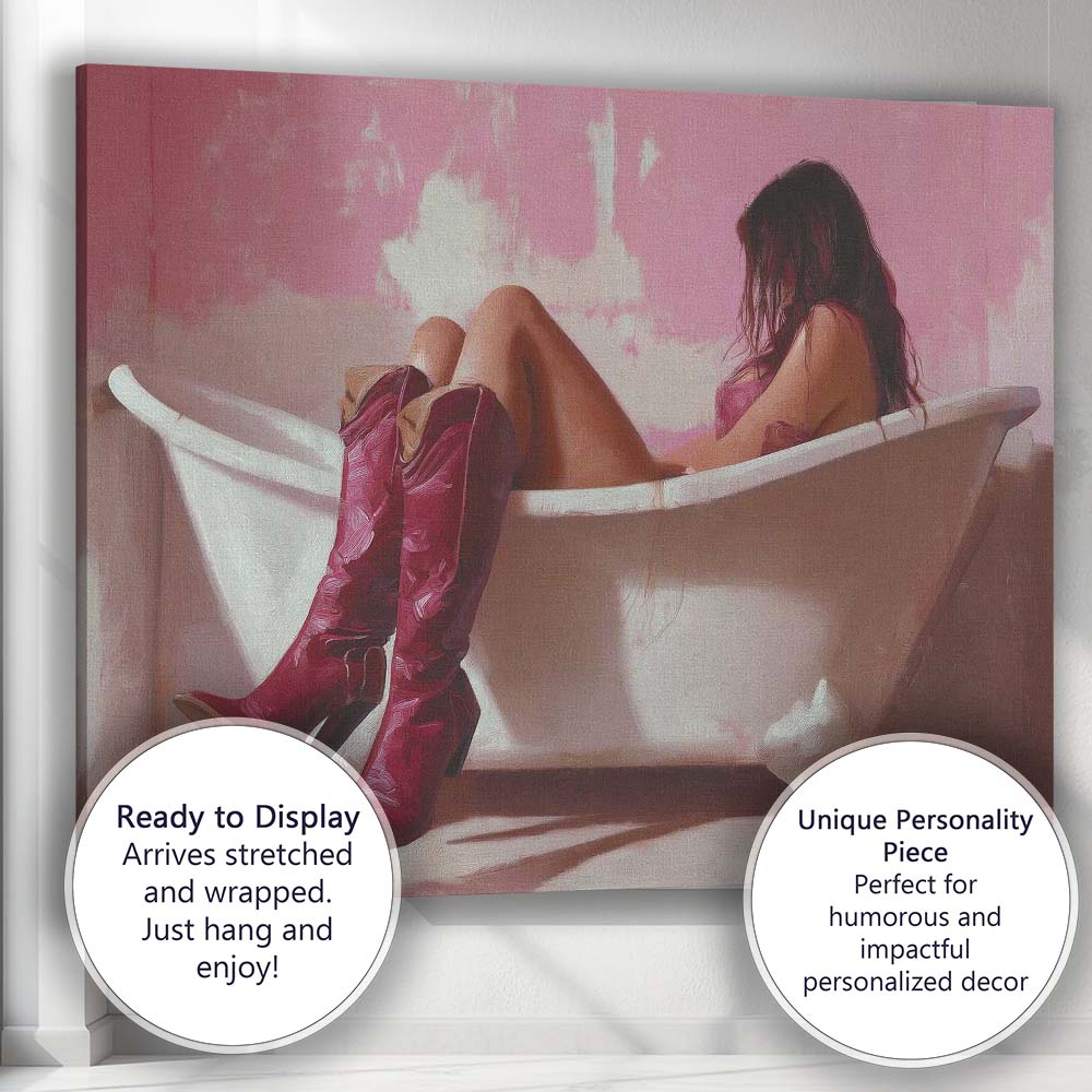 Woman Relaxing In Bathtub With Burgundy Cowboy Boots Canvas Wall Art Print Decor Picture Ready to Hang