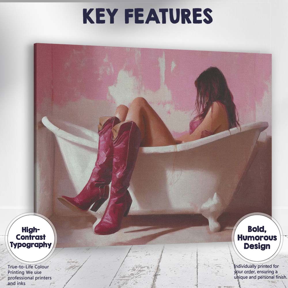 Woman Relaxing In Bathtub With Burgundy Cowboy Boots Canvas Wall Art Print Decor Picture Ready to Hang
