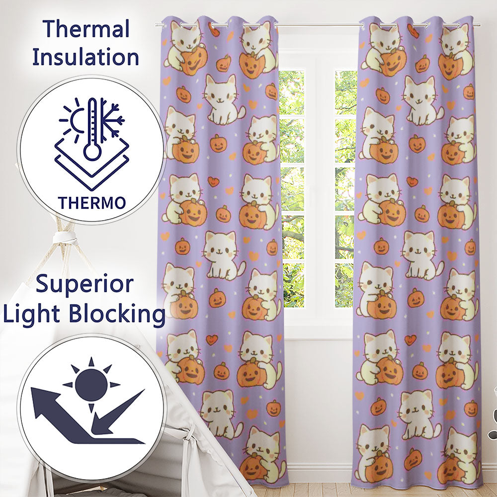 Cute Halloween Cat Pumpkin Animal Pattern  Readymade Eyelet Ring Top Thermal 100% Blackout Curtains