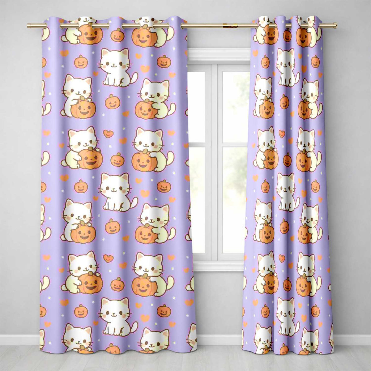 Cute Halloween Cat Pumpkin Animal Pattern  Readymade Eyelet Ring Top Thermal 100% Blackout Curtains