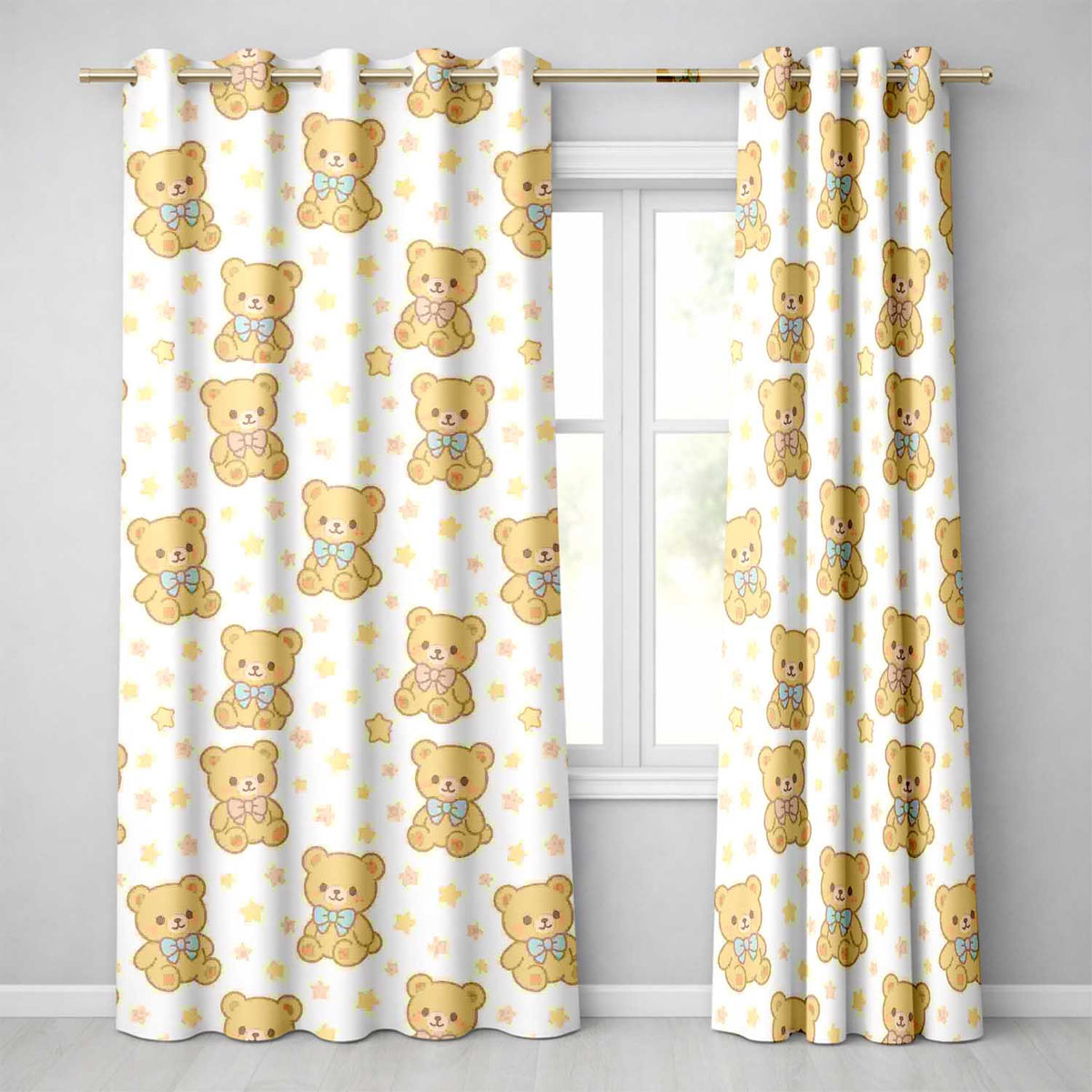 Cute Teddy Bear Bow  Cartoon Animal Pattern  Readymade Eyelet Ring Top Thermal 100% Blackout Curtains