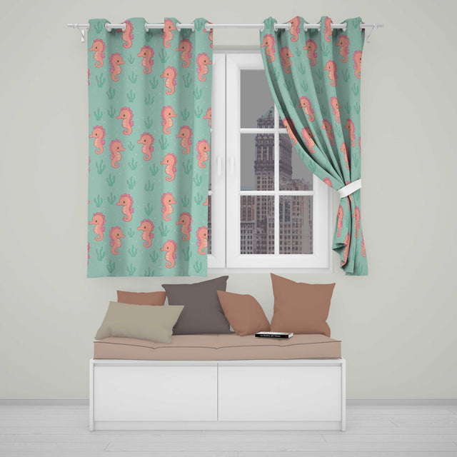 Cute Seahorse Ocean  Cartoon Animal Pattern  Readymade Eyelet Ring Top Thermal 100% Blackout Curtains