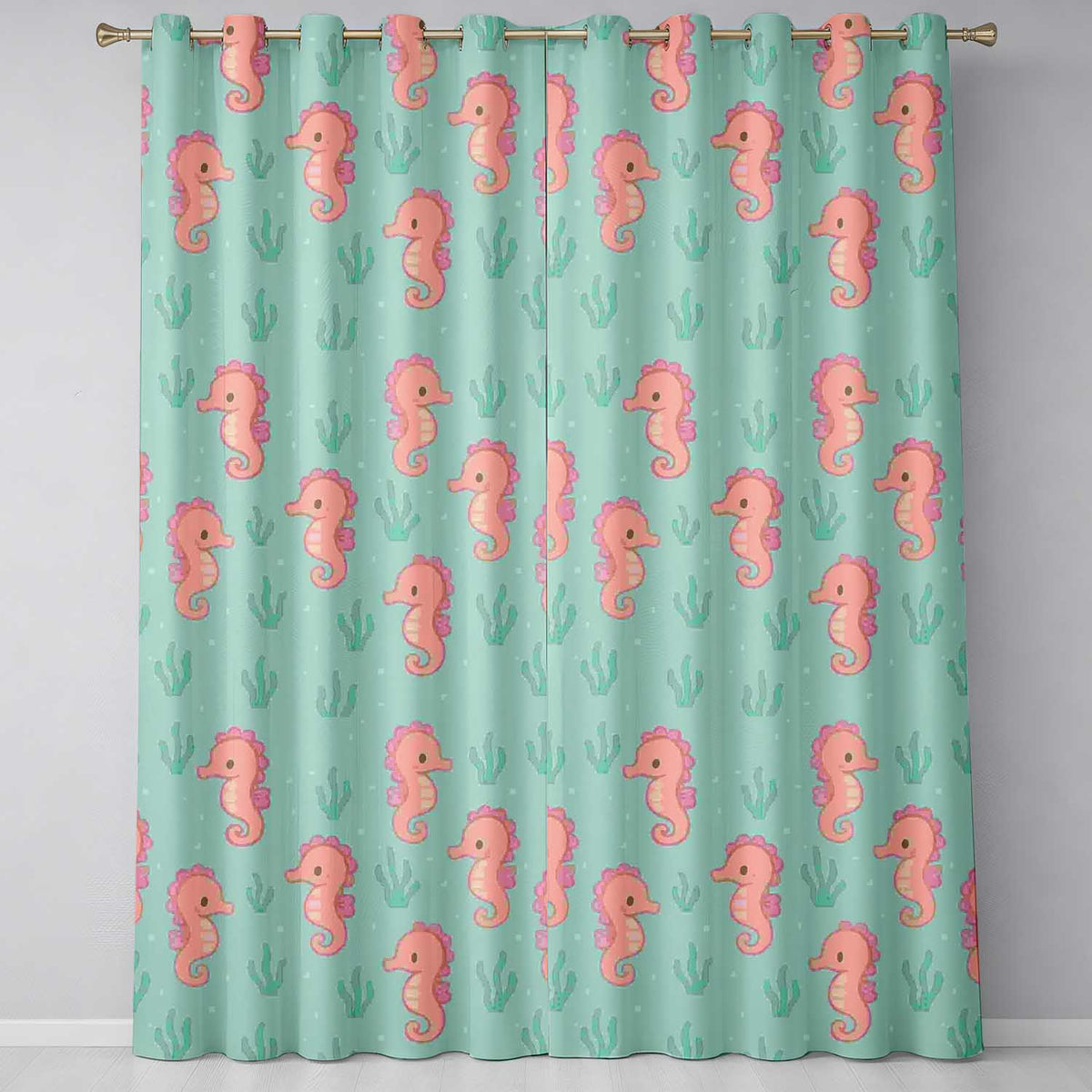 Cute Seahorse Ocean  Cartoon Animal Pattern  Readymade Eyelet Ring Top Thermal 100% Blackout Curtains