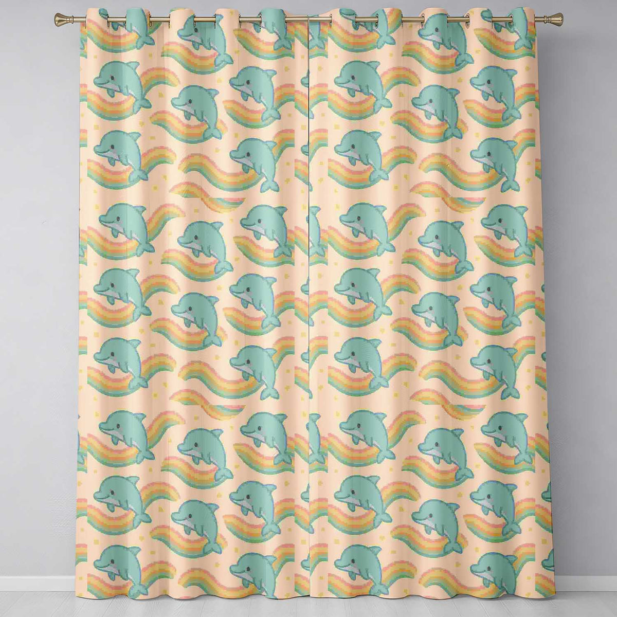 Cute Rainbow Dolphin  Cartoon Animal Pattern  Readymade Eyelet Ring Top Thermal 100% Blackout Curtains