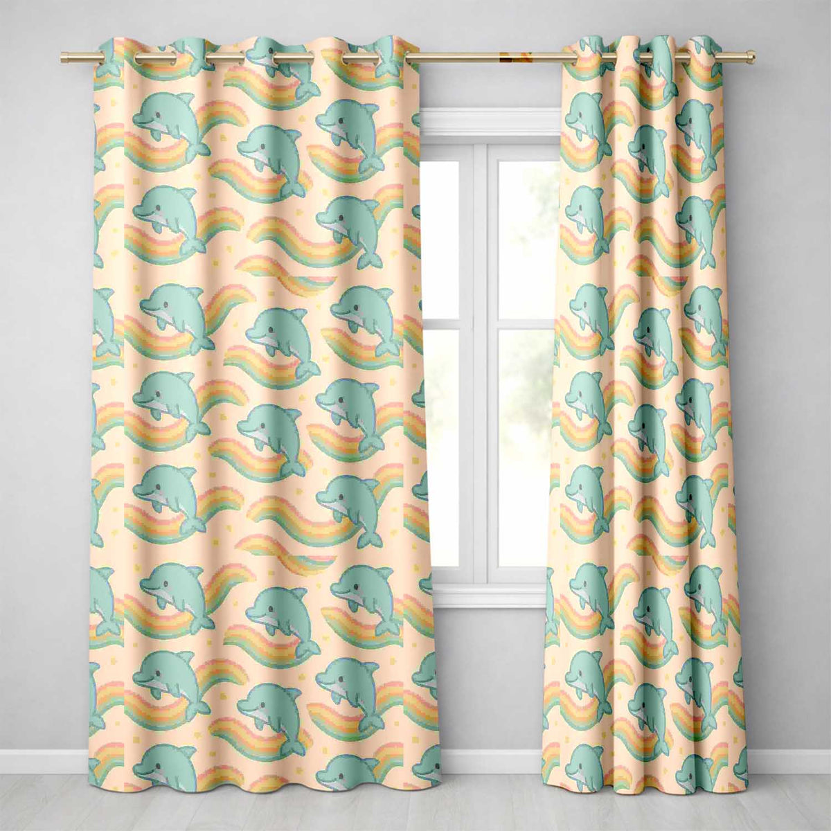 Cute Rainbow Dolphin  Cartoon Animal Pattern  Readymade Eyelet Ring Top Thermal 100% Blackout Curtains