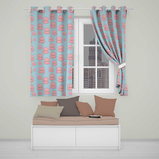 Cute Pink Octopus  Cartoon Sea Animal Pattern  Readymade Eyelet Ring Top Thermal 100% Blackout Curtains