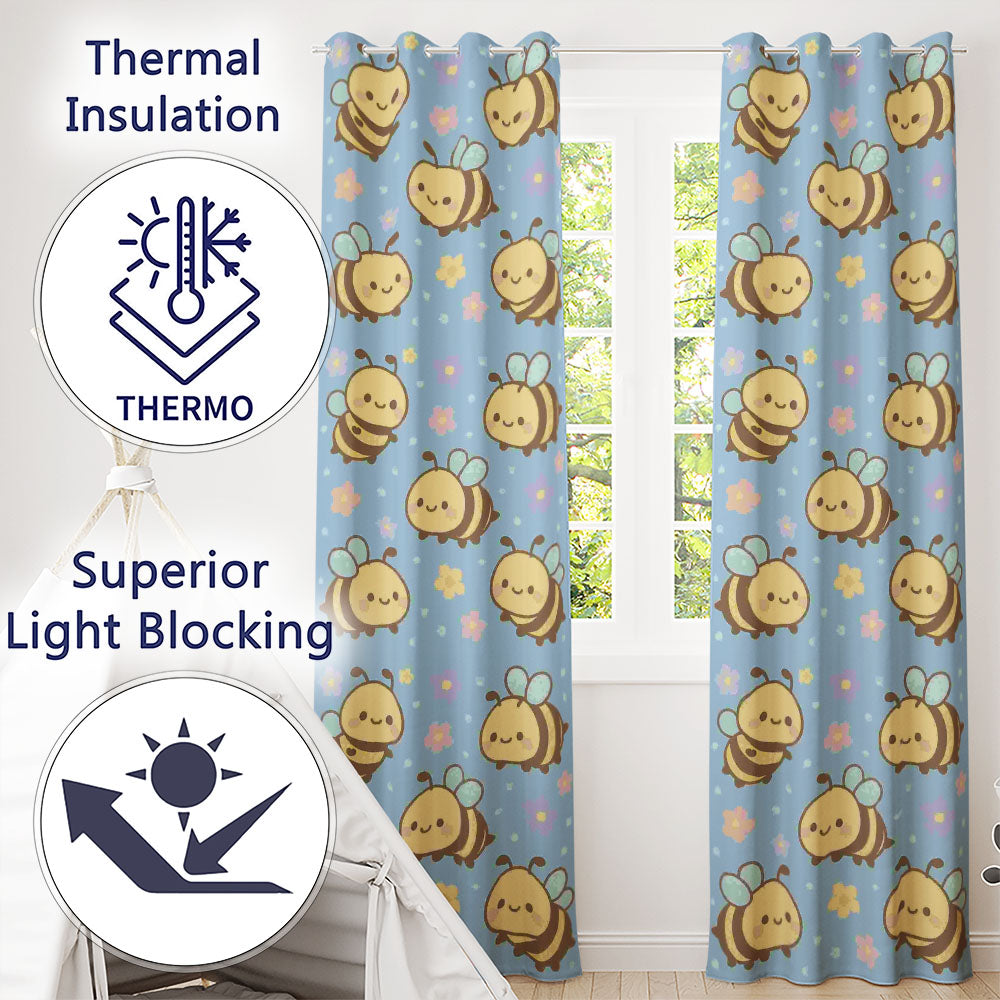 Cute Bee Flower  Cartoon Animal Pattern  Readymade Eyelet Ring Top Thermal 100% Blackout Curtains