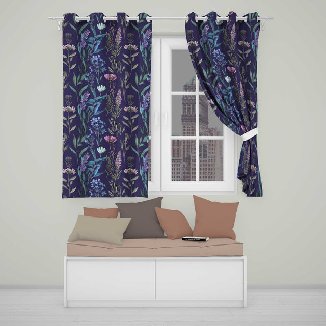 Floral Botanical Purple Flower Pattern  Readymade Eyelet Ring Top Thermal 100% Blackout Curtains