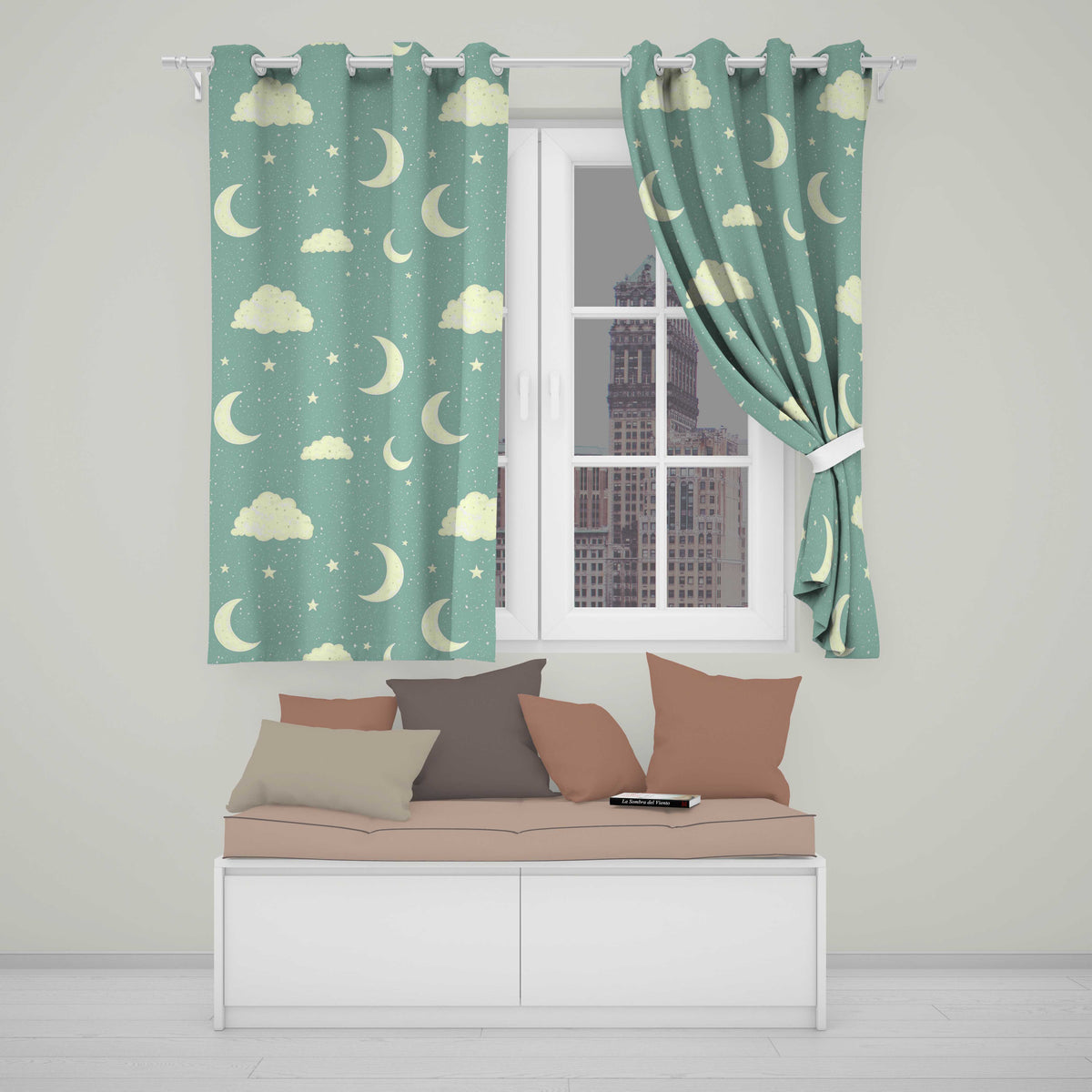 Soft Teal Moon Stars Dreamy Sky  Pattern  Readymade Eyelet Ring Top Thermal 100% Blackout Curtains