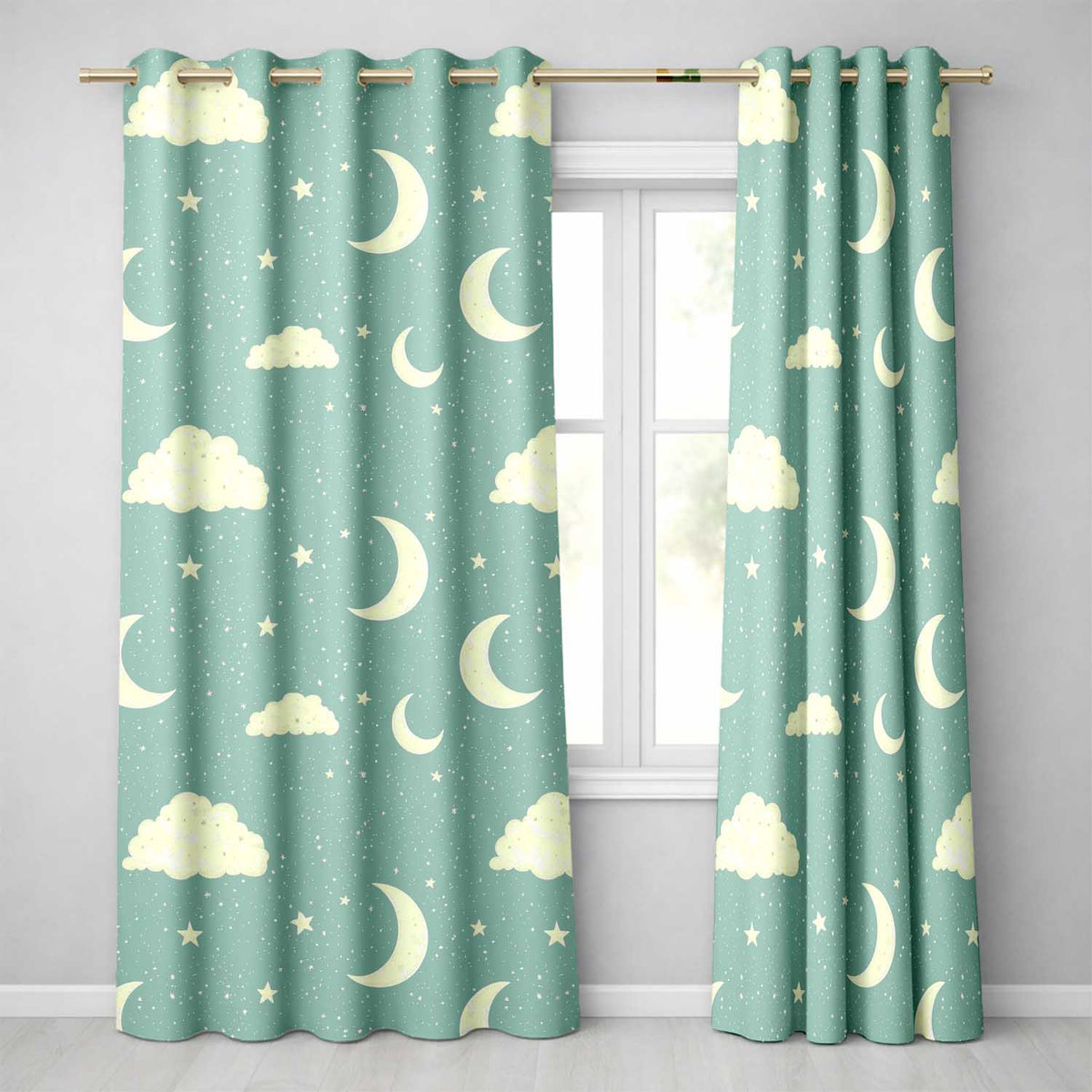Soft Teal Moon Stars Dreamy Sky  Pattern  Readymade Eyelet Ring Top Thermal 100% Blackout Curtains