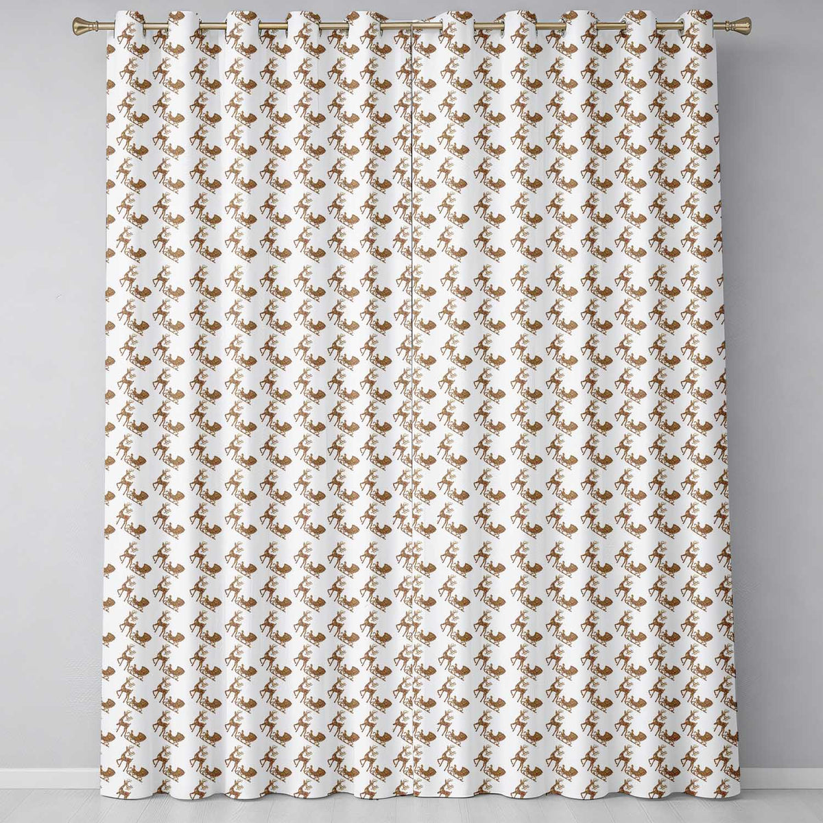 Gold Glitter Reindeer Sleigh Christmas White Background   Readymade Eyelet Ring Top Thermal 100% Blackout Curtains