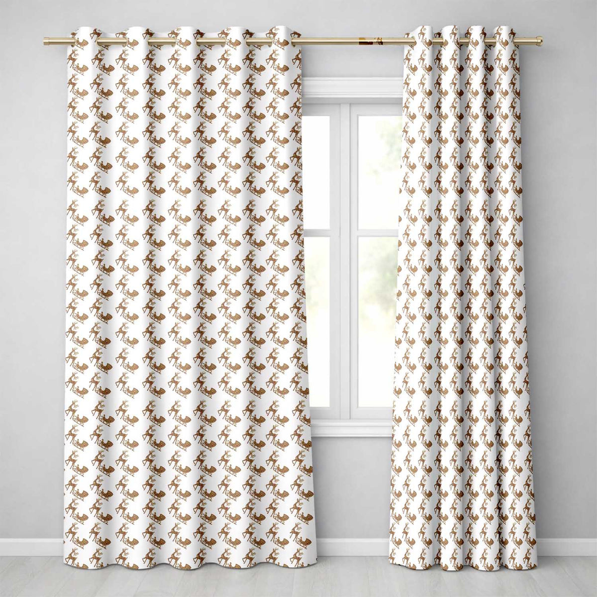 Gold Glitter Reindeer Sleigh Christmas White Background   Readymade Eyelet Ring Top Thermal 100% Blackout Curtains