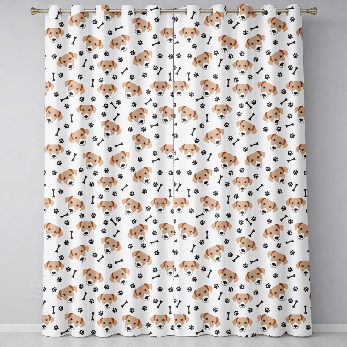 Dog Faces Paw Prints Bones White Background  Readymade Eyelet Ring Top Thermal 100% Blackout Curtains