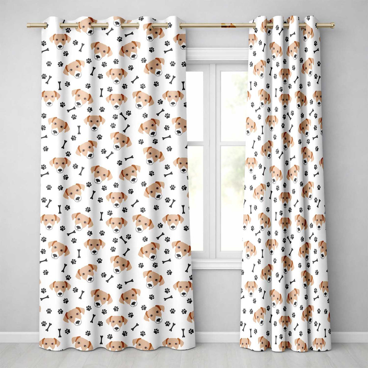 Dog Faces Paw Prints Bones White Background  Readymade Eyelet Ring Top Thermal 100% Blackout Curtains