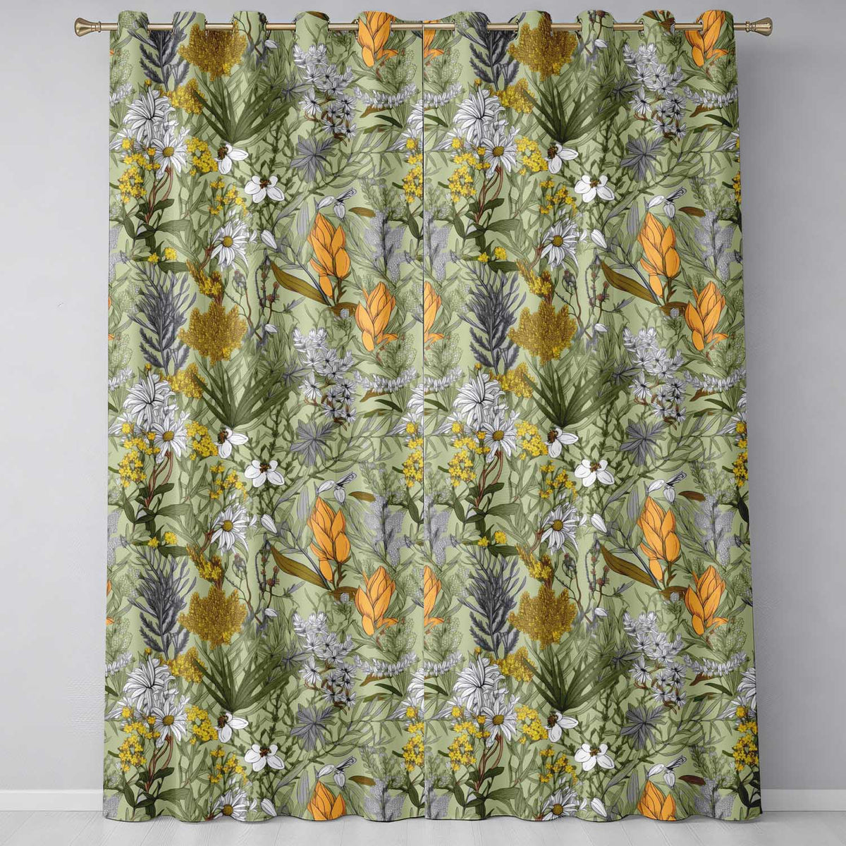 Vintage Botanical Floral Sage Green Detailed  Readymade Eyelet Ring Top Thermal 100% Blackout Curtains