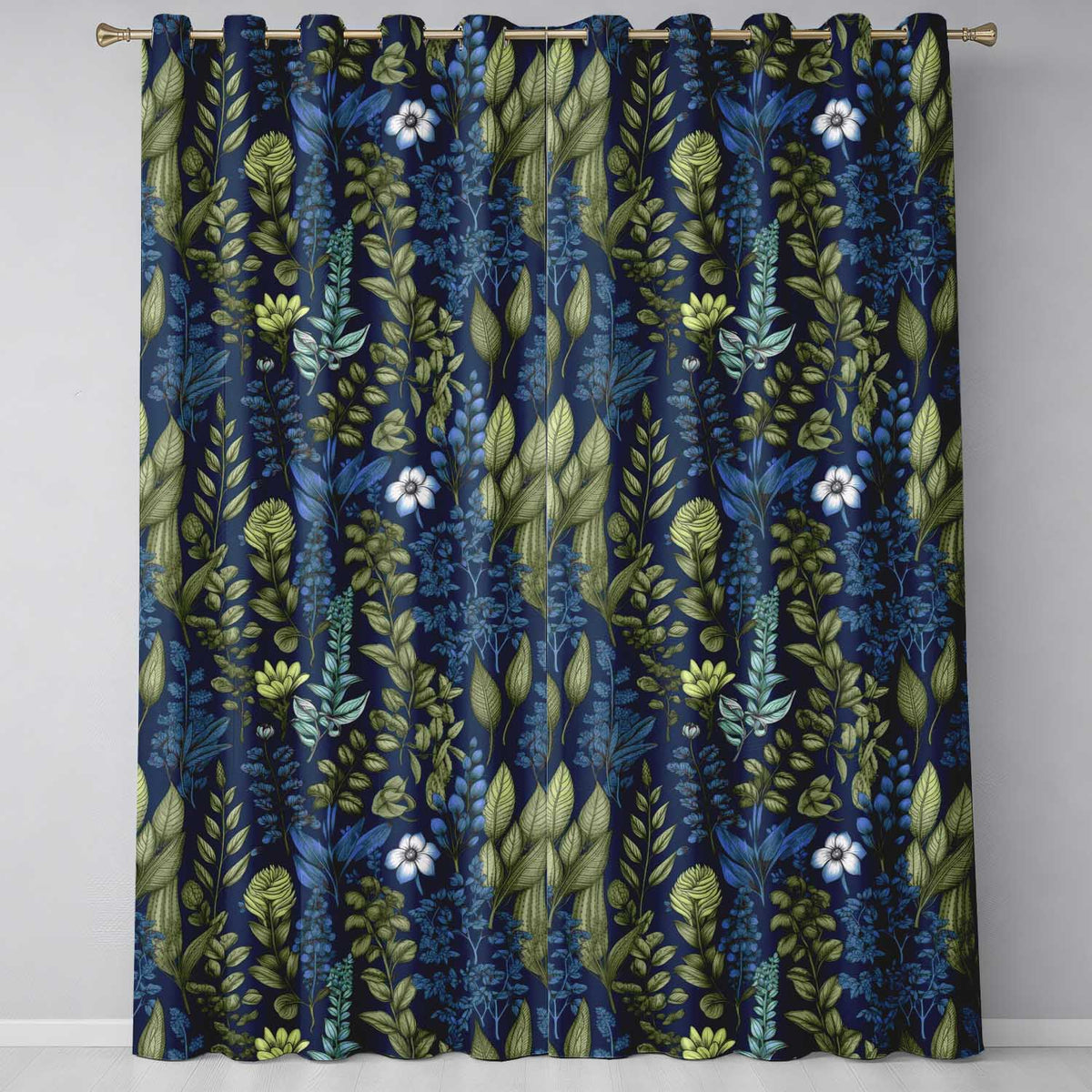 Elegant Botanical Leaves Blue Green Floral   Readymade Eyelet Ring Top Thermal 100% Blackout Curtains