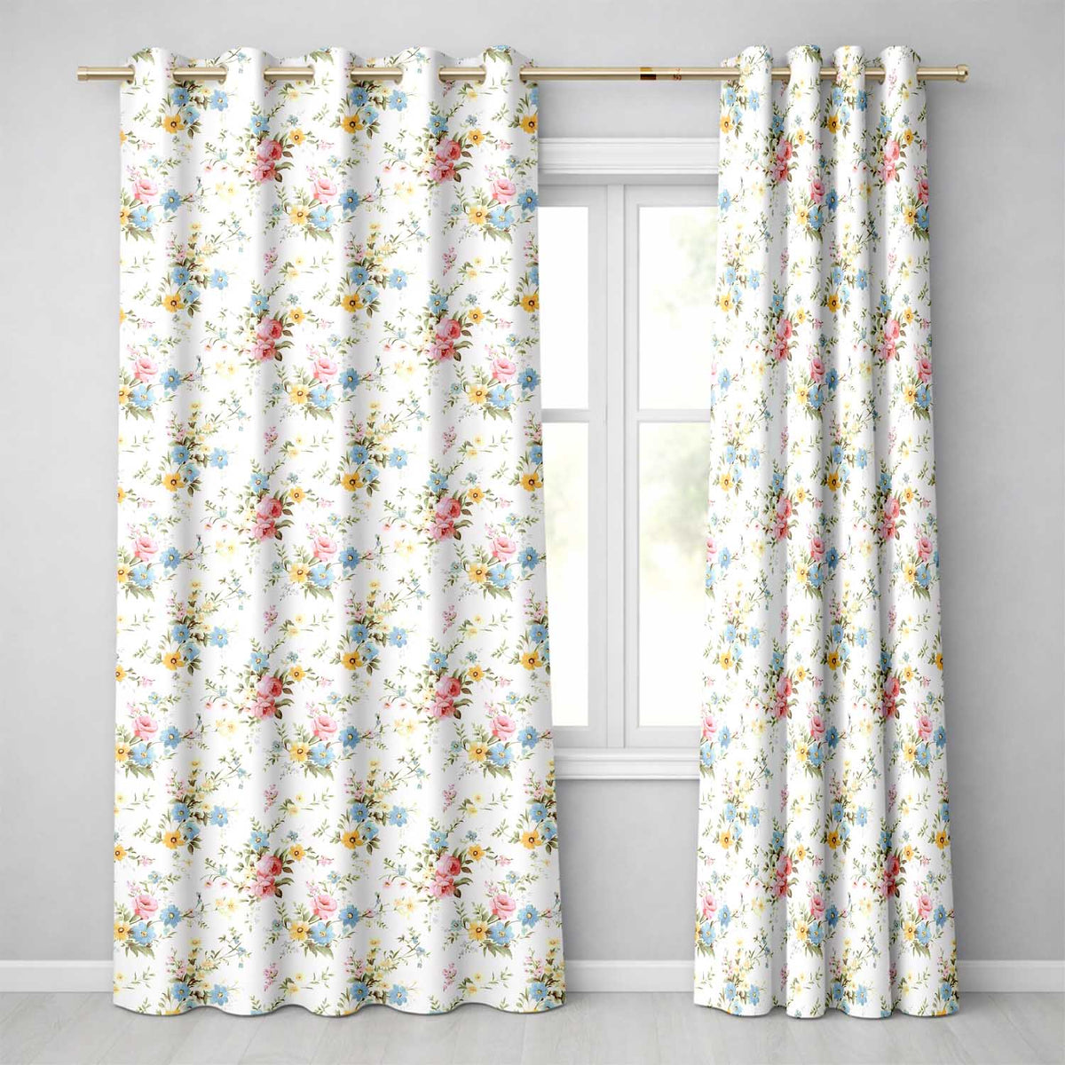 Vintage Pastel Floral  Pattern  Readymade Eyelet Ring Top Thermal 100% Blackout Curtains