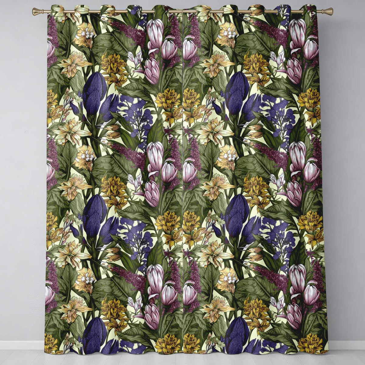 Botanical Floral Garden Illustration Vintage Style   Readymade Eyelet Ring Top Thermal 100% Blackout Curtains