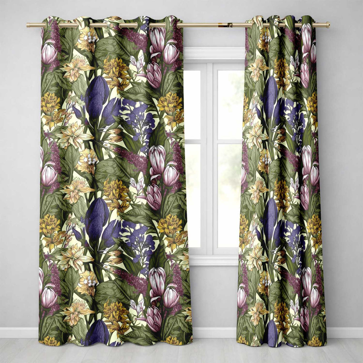 Botanical Floral Garden Illustration Vintage Style   Readymade Eyelet Ring Top Thermal 100% Blackout Curtains