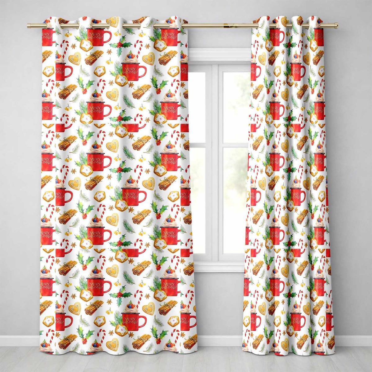 Christmas Mug Candy Cane Gingerbread Festive  Readymade Eyelet Ring Top Thermal 100% Blackout Curtains