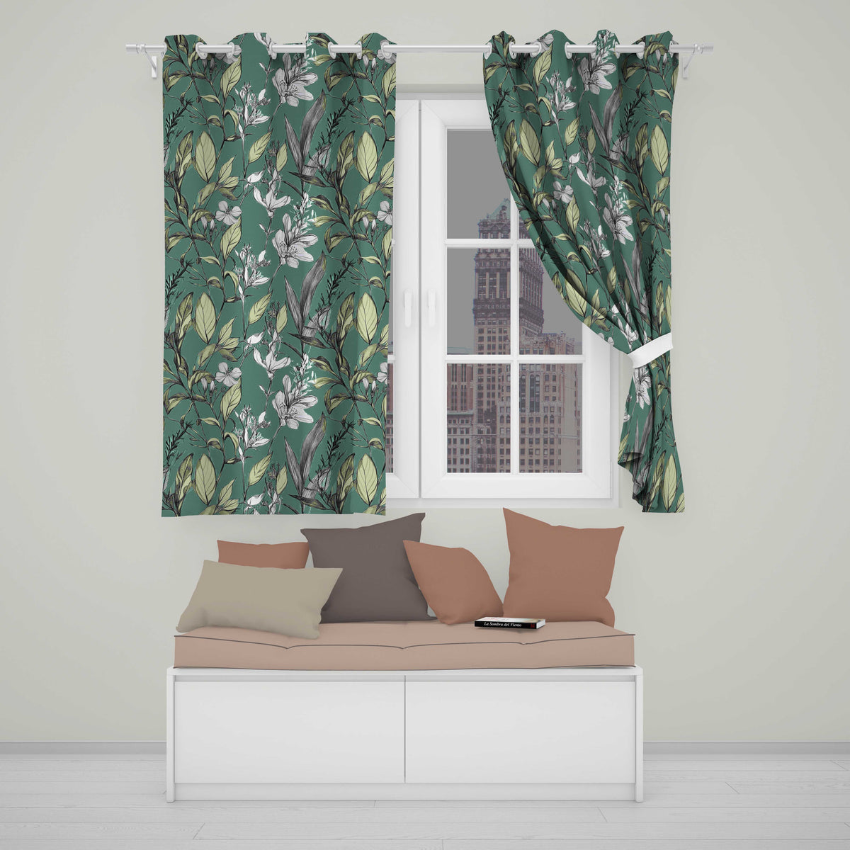 Vintage Botanical Floral Sketch Teal Background   Readymade Eyelet Ring Top Thermal 100% Blackout Curtains