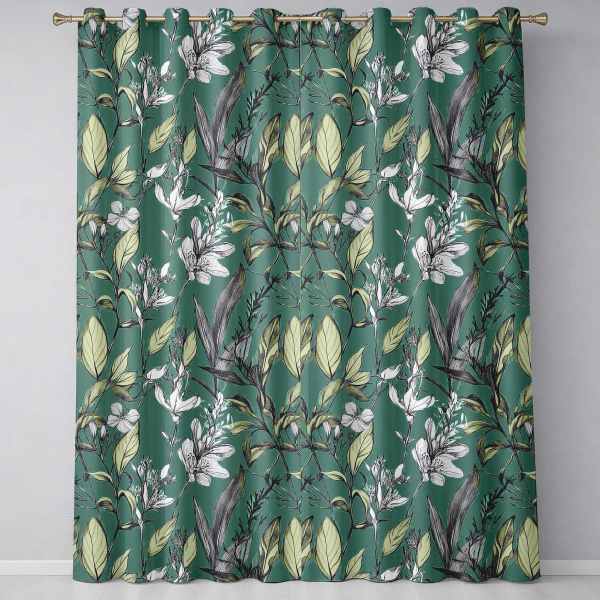 Vintage Botanical Floral Sketch Teal Background   Readymade Eyelet Ring Top Thermal 100% Blackout Curtains