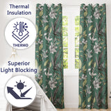 Vintage Botanical Floral Sketch Teal Background   Readymade Eyelet Ring Top Thermal 100% Blackout Curtains