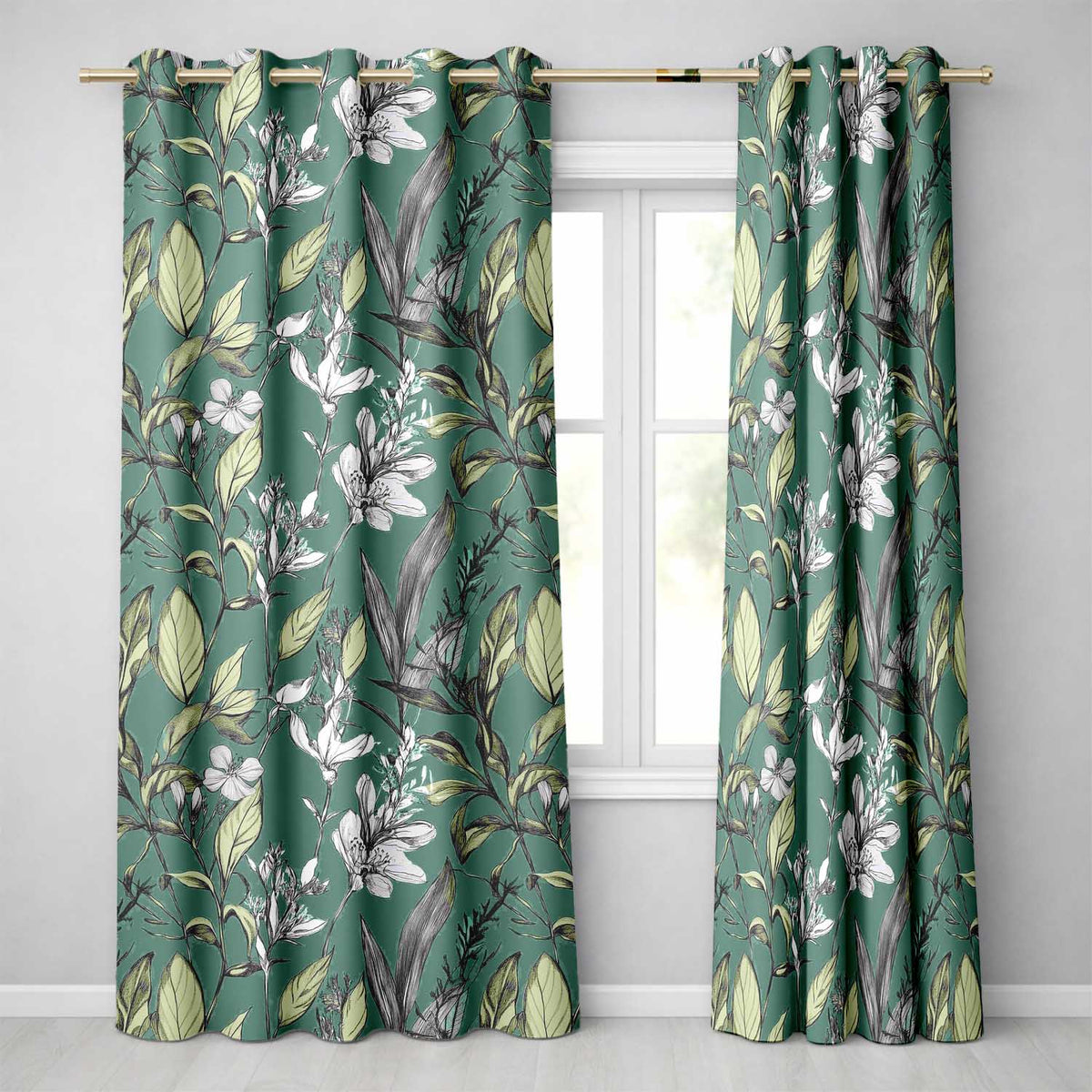 Vintage Botanical Floral Sketch Teal Background   Readymade Eyelet Ring Top Thermal 100% Blackout Curtains