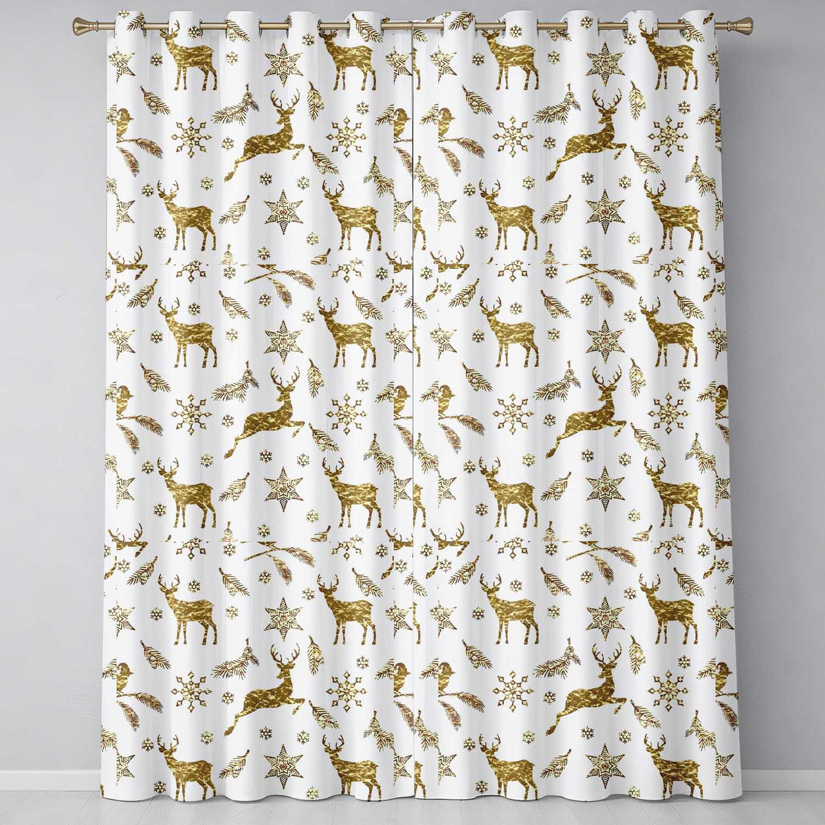 Gold Reindeer Snowflake Christmas  Luxury Festive  Readymade Eyelet Ring Top Thermal 100% Blackout Curtains