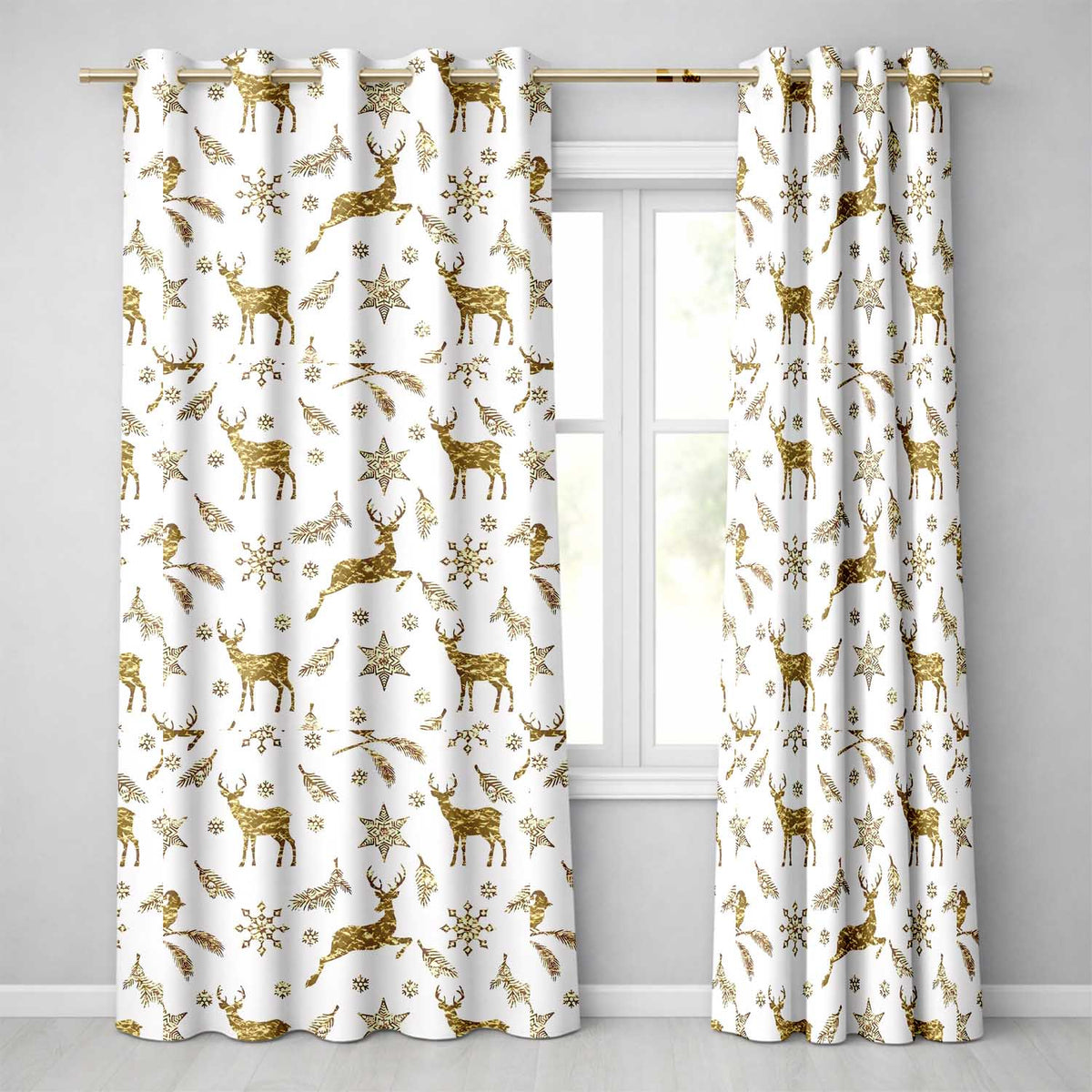 Gold Reindeer Snowflake Christmas  Luxury Festive  Readymade Eyelet Ring Top Thermal 100% Blackout Curtains