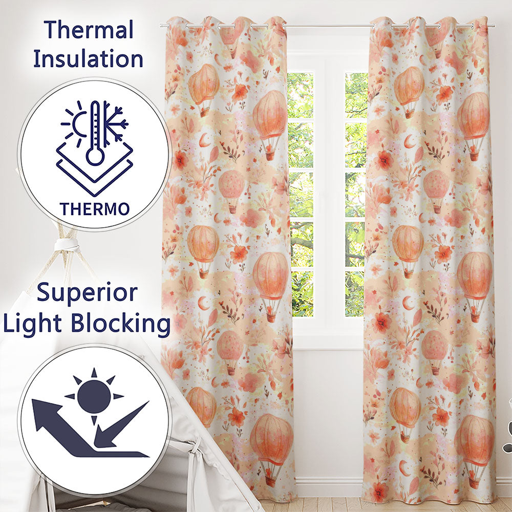 Coral Floral Hot Air Balloon Nursery   Watercolour  Readymade Eyelet Ring Top Thermal 100% Blackout Curtains