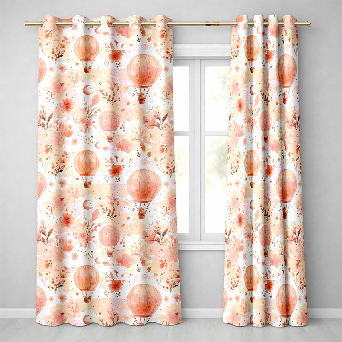 Coral Floral Hot Air Balloon Nursery   Watercolour  Readymade Eyelet Ring Top Thermal 100% Blackout Curtains