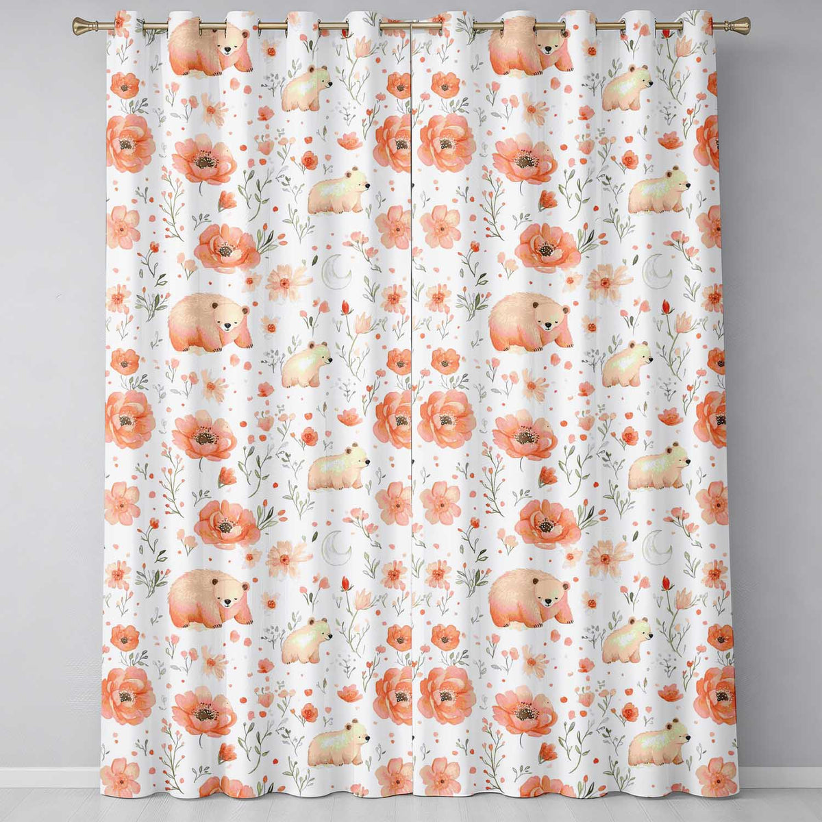 Bear Floral Woodland Nursery   Watercolour  Readymade Eyelet Ring Top Thermal 100% Blackout Curtains