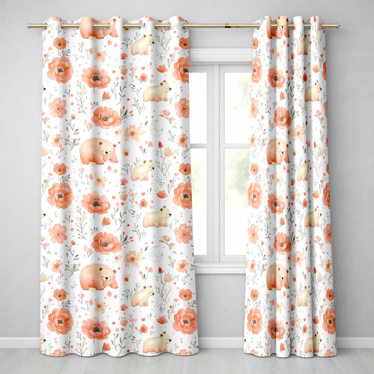 Bear Floral Woodland Nursery   Watercolour  Readymade Eyelet Ring Top Thermal 100% Blackout Curtains