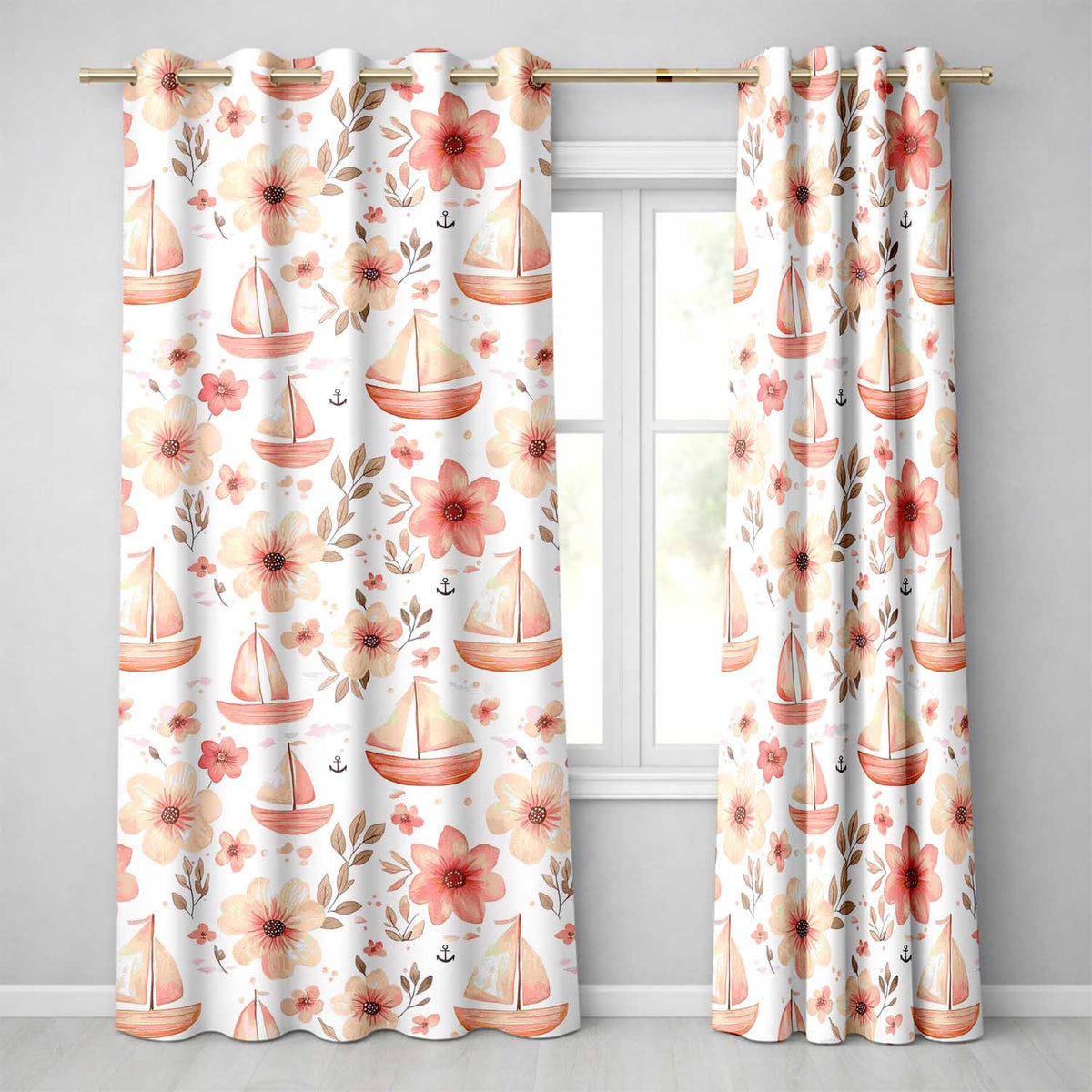 Nautical Sailboat Floral Coastal  Watercolour  Readymade Eyelet Ring Top Thermal 100% Blackout Curtains