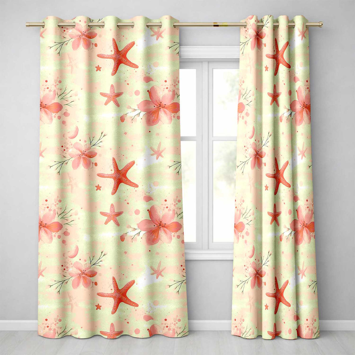 Coral Starfish Ocean Floral   Watercolour Coastal  Readymade Eyelet Ring Top Thermal 100% Blackout Curtains
